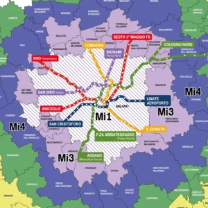 Zonas de transporte público de Milán Mi1–Mi3 Mapa de las zonas de transporte ATM de Milán Mi1 y Mi3
